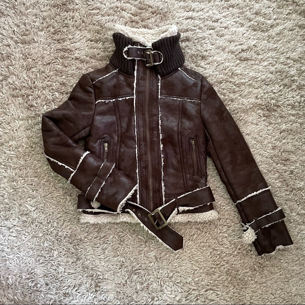 Mango brown faux shearling aviator jacket sz XS